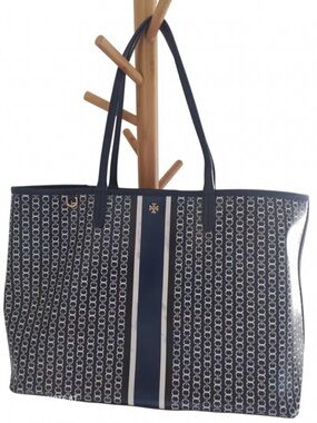 Tory Burch Navy and White Monogram Stripe Tote
